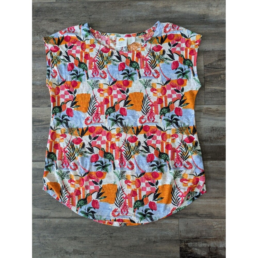 C&C California Top Women's Small Tropical Pattern 100% Linen Short Sleeve Shirt